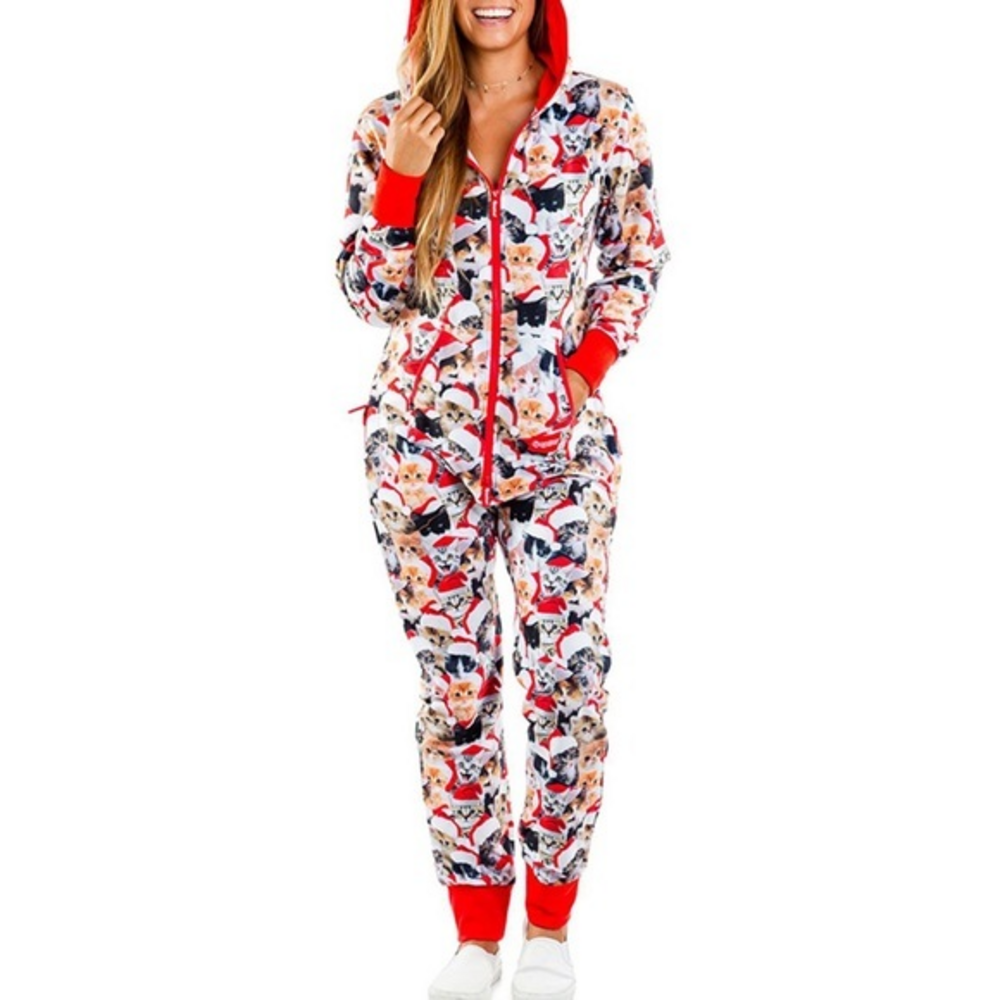 Tipsy Elves Meowy Catmus Christmas Holiday One Piece Hooded Jumpsuit Small